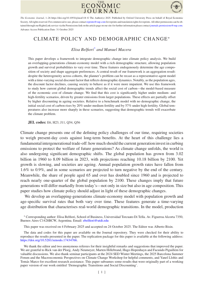 First page of the published version of Optimal Climate Policy with Demographic Transitions