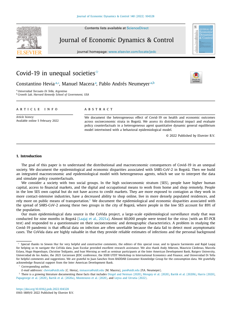 First page of the published version of Covid-19 in Unequal Societies