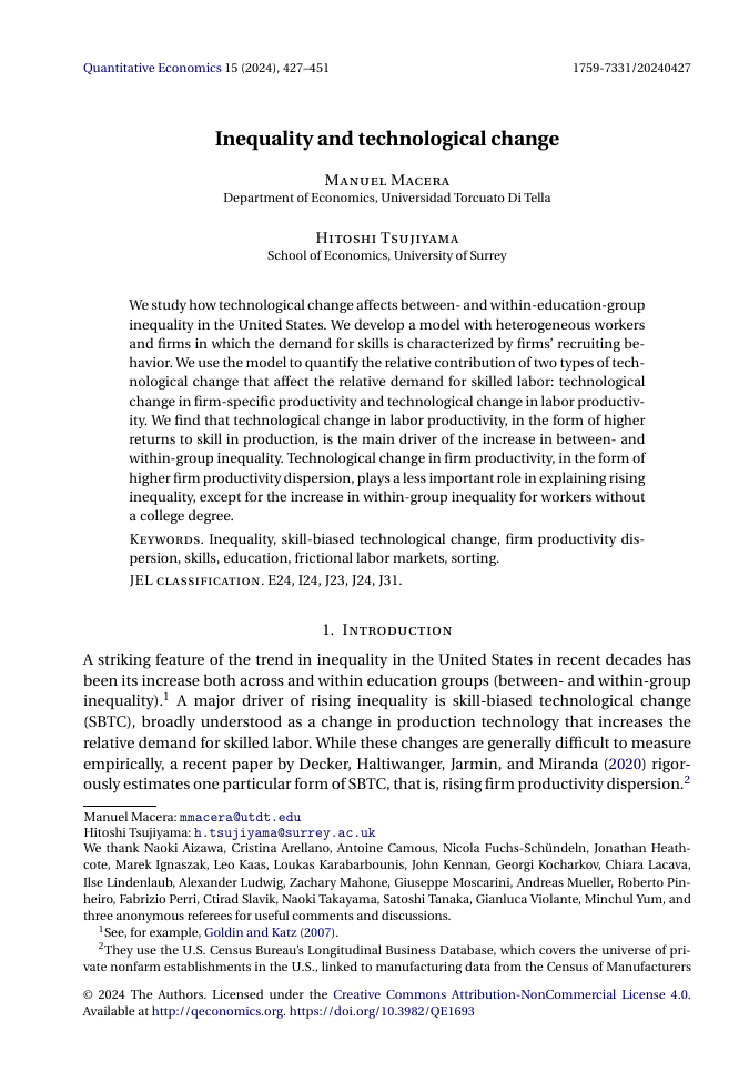First page of the published version of Inequality and Technological Change